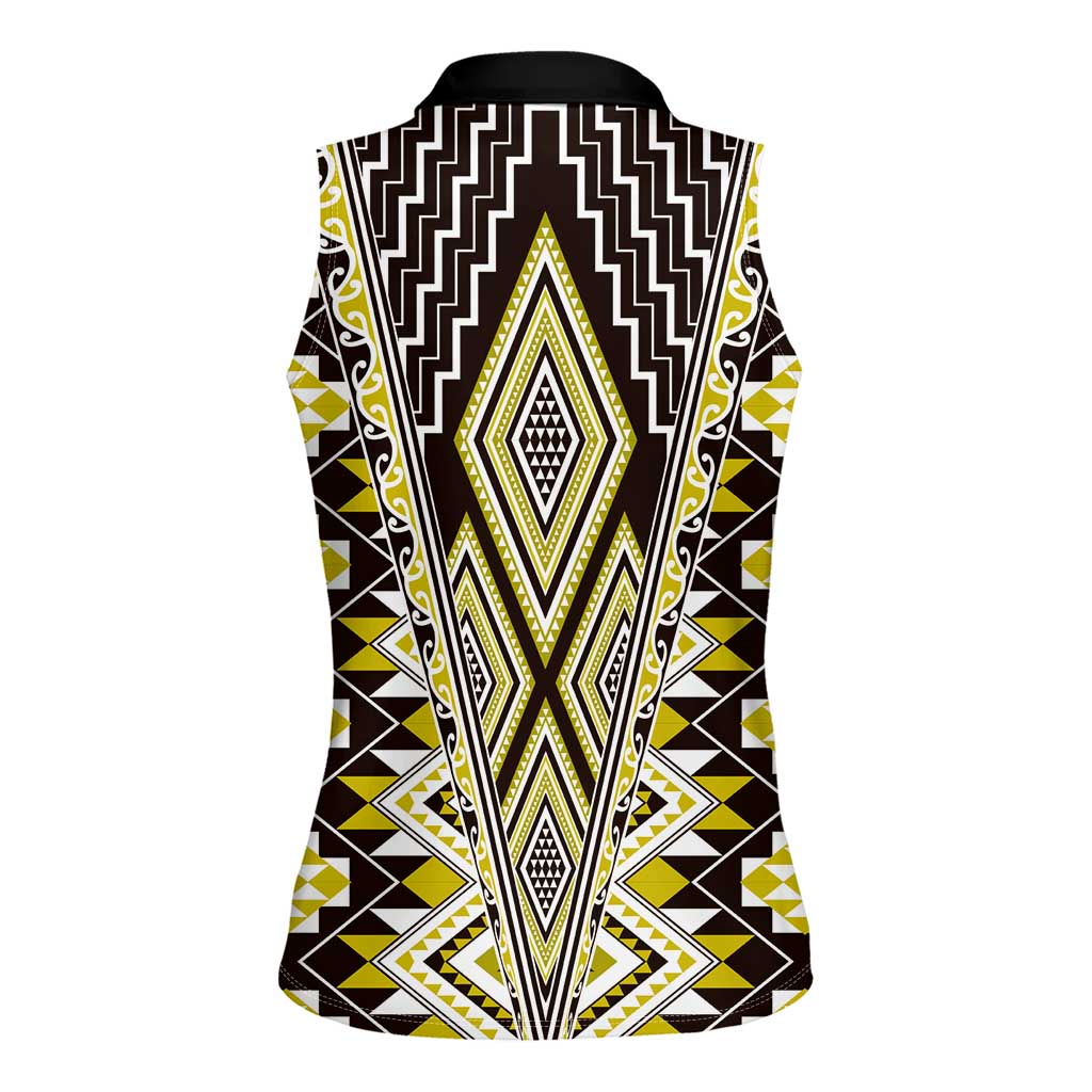 Yellow Aotearoa Tukutuku and Poutama Motif Women Sleeveless Polo Shirt