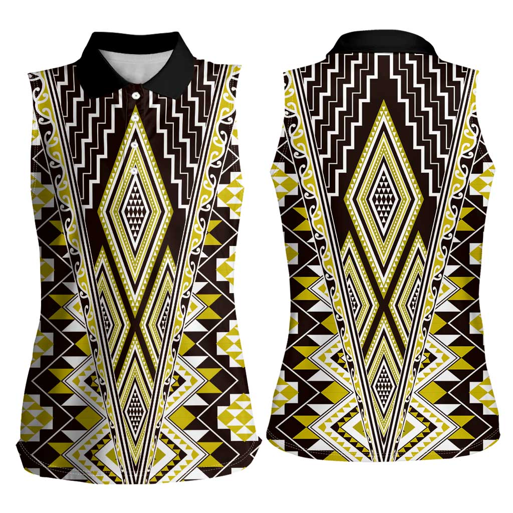 Yellow Aotearoa Tukutuku and Poutama Motif Women Sleeveless Polo Shirt