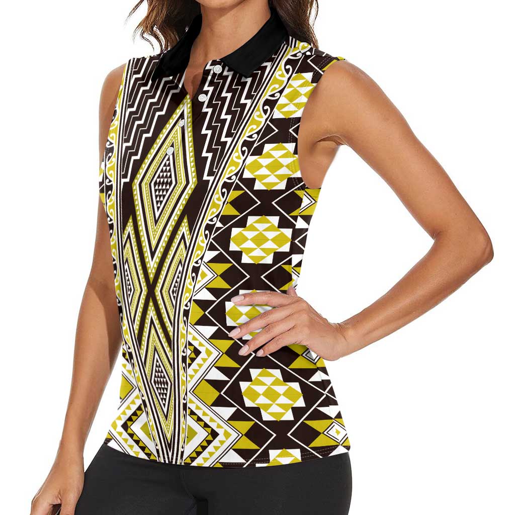 Yellow Aotearoa Tukutuku and Poutama Motif Women Sleeveless Polo Shirt