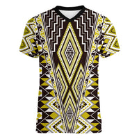 Yellow Aotearoa Tukutuku and Poutama Motif Women V-Neck T-Shirt