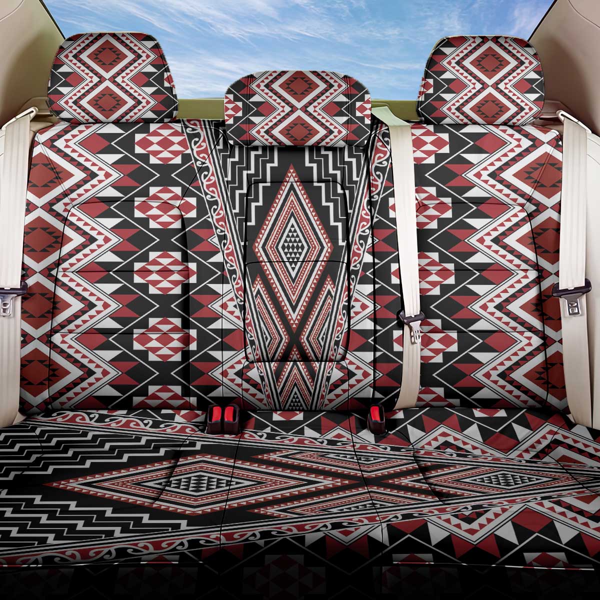 Red Aotearoa Tukutuku and Poutama Motif Back Car Seat Cover LT03 One Size Red - Polynesian Pride