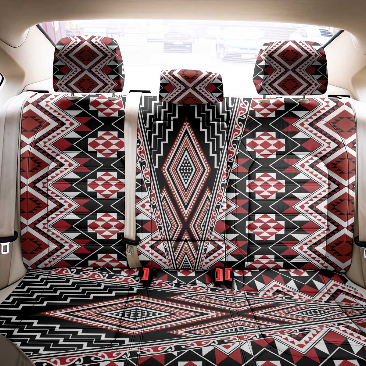 Red Aotearoa Tukutuku and Poutama Motif Back Car Seat Cover LT03 - Polynesian Pride