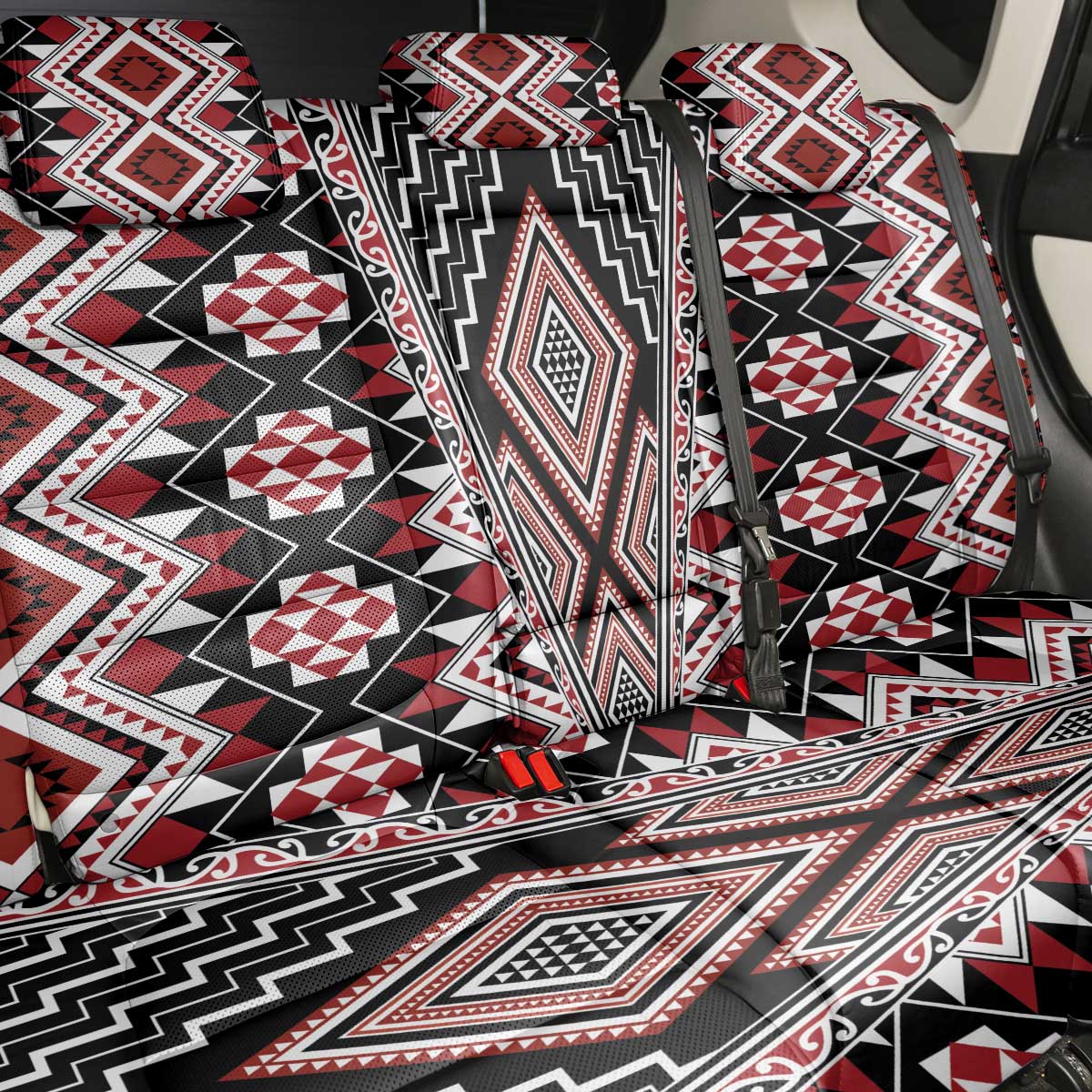 Red Aotearoa Tukutuku and Poutama Motif Back Car Seat Cover LT03 - Polynesian Pride