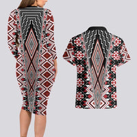 Red Aotearoa Tukutuku and Poutama Motif Couples Matching Long Sleeve Bodycon Dress and Hawaiian Shirt LT03 - Polynesian Pride