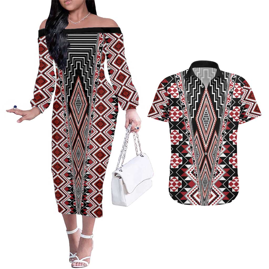 Red Aotearoa Tukutuku and Poutama Motif Couples Matching Off The Shoulder Long Sleeve Dress and Hawaiian Shirt LT03 Red - Polynesian Pride