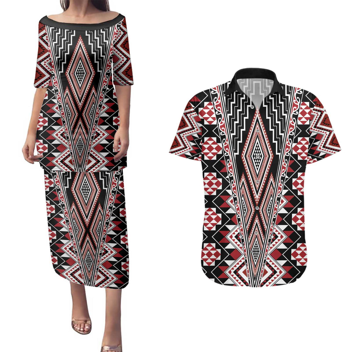 Red Aotearoa Tukutuku and Poutama Motif Couples Matching Puletasi and Hawaiian Shirt LT03 Red - Polynesian Pride