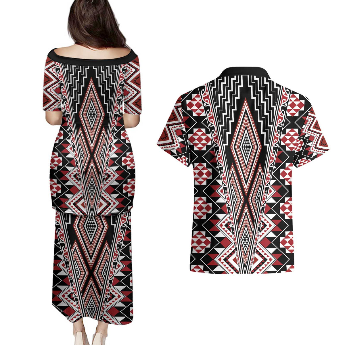 Red Aotearoa Tukutuku and Poutama Motif Couples Matching Puletasi and Hawaiian Shirt LT03 - Polynesian Pride