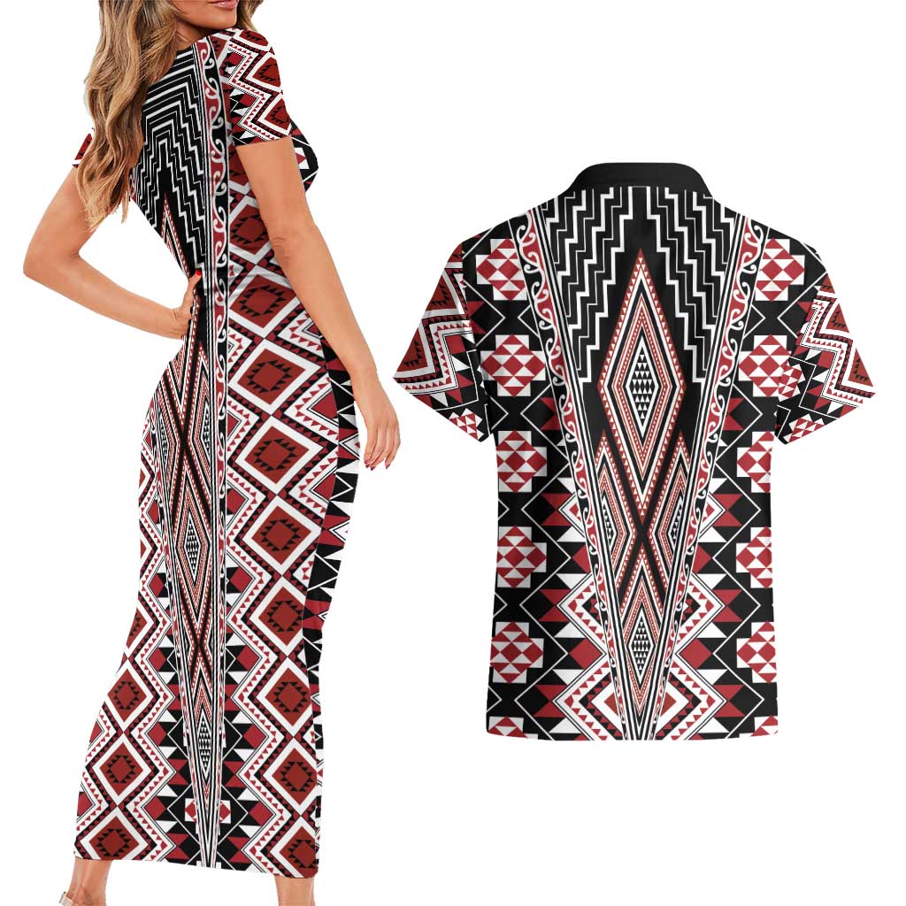 Red Aotearoa Tukutuku and Poutama Motif Couples Matching Short Sleeve Bodycon Dress and Hawaiian Shirt LT03 - Polynesian Pride