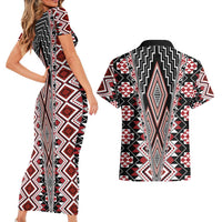 Red Aotearoa Tukutuku and Poutama Motif Couples Matching Short Sleeve Bodycon Dress and Hawaiian Shirt LT03 - Polynesian Pride
