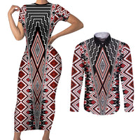 Red Aotearoa Tukutuku and Poutama Motif Couples Matching Short Sleeve Bodycon Dress and Long Sleeve Button Shirt LT03 Red - Polynesian Pride