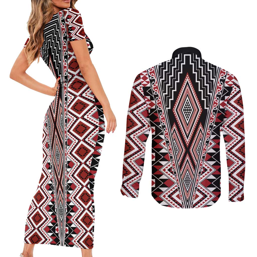 Red Aotearoa Tukutuku and Poutama Motif Couples Matching Short Sleeve Bodycon Dress and Long Sleeve Button Shirt LT03 - Polynesian Pride