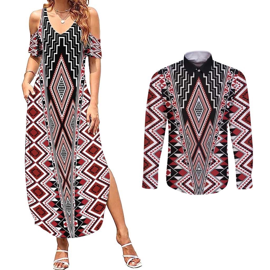 Red Aotearoa Tukutuku and Poutama Motif Couples Matching Summer Maxi Dress and Long Sleeve Button Shirt LT03 Red - Polynesian Pride