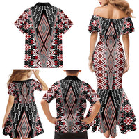Red Aotearoa Tukutuku and Poutama Motif Family Matching Mermaid Dress and Hawaiian Shirt LT03 - Polynesian Pride