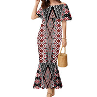 Red Aotearoa Tukutuku and Poutama Motif Family Matching Mermaid Dress and Hawaiian Shirt LT03 Mom's Dress Red - Polynesian Pride