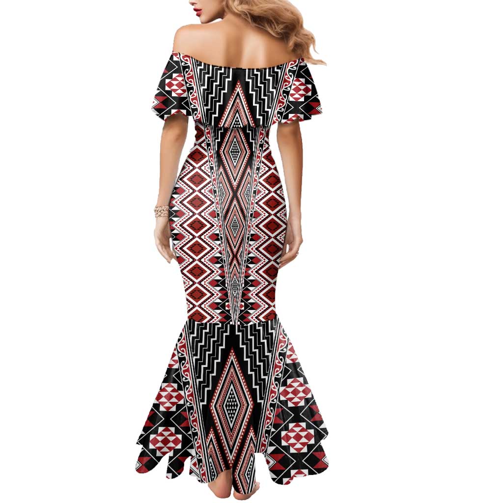Red Aotearoa Tukutuku and Poutama Motif Family Matching Mermaid Dress and Hawaiian Shirt LT03 - Polynesian Pride