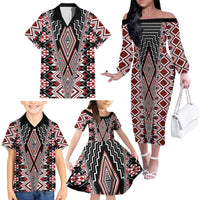 Red Aotearoa Tukutuku and Poutama Motif Family Matching Off The Shoulder Long Sleeve Dress and Hawaiian Shirt LT03 - Polynesian Pride