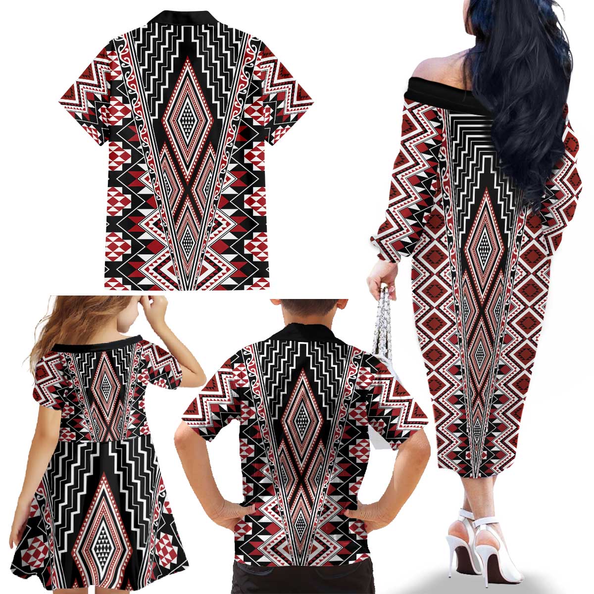 Red Aotearoa Tukutuku and Poutama Motif Family Matching Off The Shoulder Long Sleeve Dress and Hawaiian Shirt LT03 - Polynesian Pride