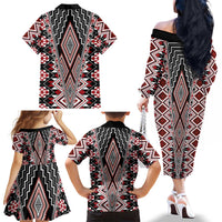 Red Aotearoa Tukutuku and Poutama Motif Family Matching Off The Shoulder Long Sleeve Dress and Hawaiian Shirt LT03 - Polynesian Pride