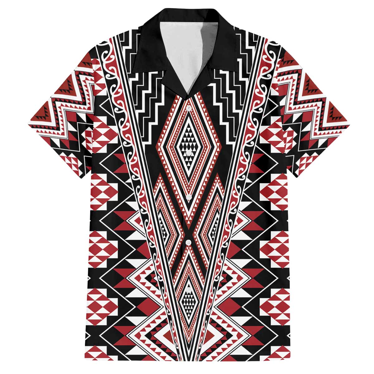 Red Aotearoa Tukutuku and Poutama Motif Family Matching Off The Shoulder Long Sleeve Dress and Hawaiian Shirt LT03 Dad's Shirt - Short Sleeve Red - Polynesian Pride