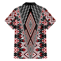 Red Aotearoa Tukutuku and Poutama Motif Family Matching Off The Shoulder Long Sleeve Dress and Hawaiian Shirt LT03 - Polynesian Pride
