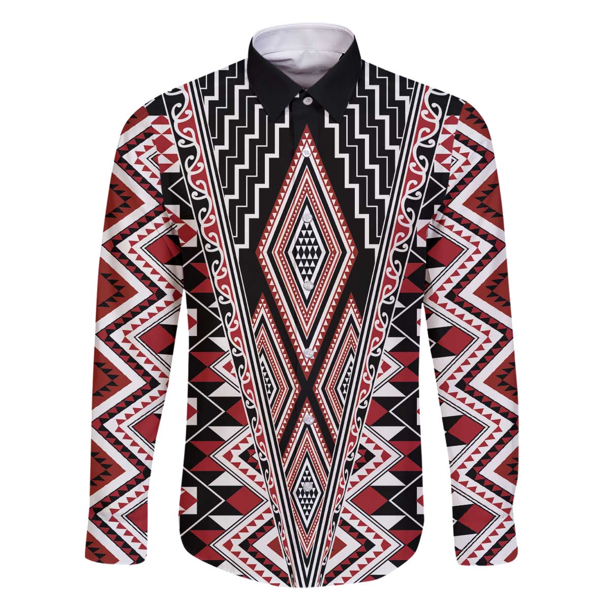Red Aotearoa Tukutuku and Poutama Motif Family Matching Off The Shoulder Long Sleeve Dress and Hawaiian Shirt LT03 Dad's Shirt - Long Sleeve Red - Polynesian Pride