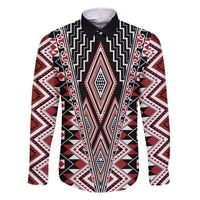 Red Aotearoa Tukutuku and Poutama Motif Family Matching Off The Shoulder Long Sleeve Dress and Hawaiian Shirt LT03 Dad's Shirt - Long Sleeve Red - Polynesian Pride