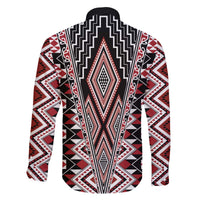 Red Aotearoa Tukutuku and Poutama Motif Family Matching Off The Shoulder Long Sleeve Dress and Hawaiian Shirt LT03 - Polynesian Pride