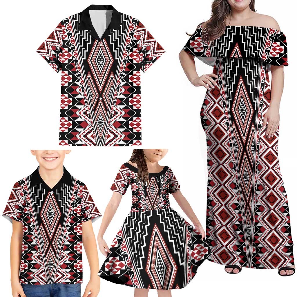 Red Aotearoa Tukutuku and Poutama Motif Family Matching Off Shoulder Maxi Dress and Hawaiian Shirt LT03 - Polynesian Pride