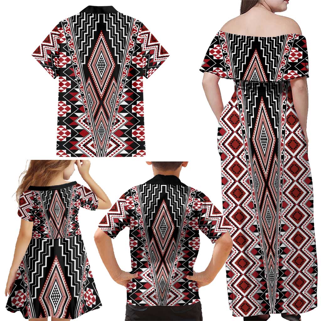 Red Aotearoa Tukutuku and Poutama Motif Family Matching Off Shoulder Maxi Dress and Hawaiian Shirt LT03 - Polynesian Pride