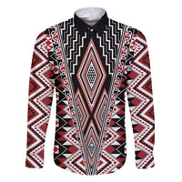Red Aotearoa Tukutuku and Poutama Motif Family Matching Off Shoulder Maxi Dress and Hawaiian Shirt LT03 Dad's Shirt - Long Sleeve Red - Polynesian Pride
