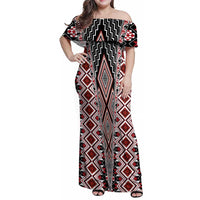 Red Aotearoa Tukutuku and Poutama Motif Family Matching Off Shoulder Maxi Dress and Hawaiian Shirt LT03 Mom's Dress Red - Polynesian Pride