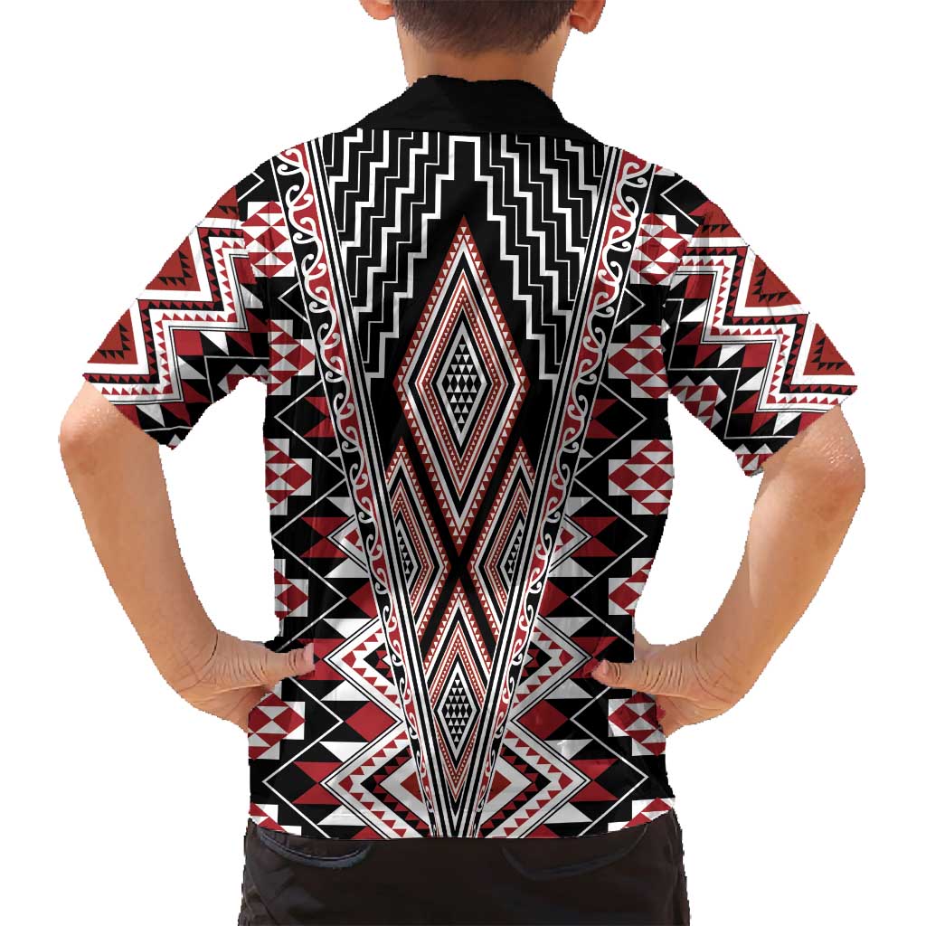 Red Aotearoa Tukutuku and Poutama Motif Family Matching Off Shoulder Short Dress and Hawaiian Shirt LT03 - Polynesian Pride
