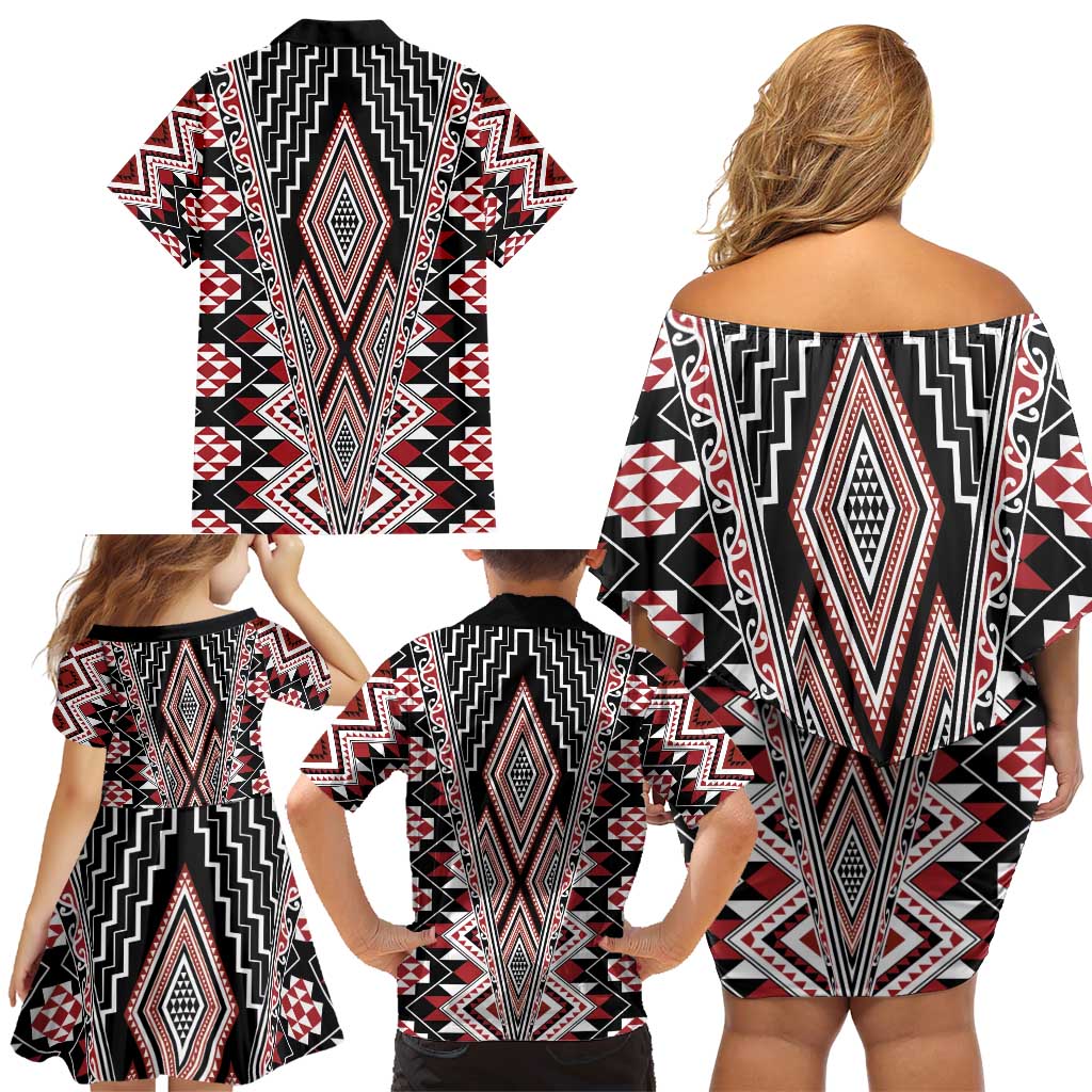 Red Aotearoa Tukutuku and Poutama Motif Family Matching Off Shoulder Short Dress and Hawaiian Shirt LT03 - Polynesian Pride
