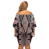 Red Aotearoa Tukutuku and Poutama Motif Family Matching Off Shoulder Short Dress and Hawaiian Shirt LT03 - Polynesian Pride