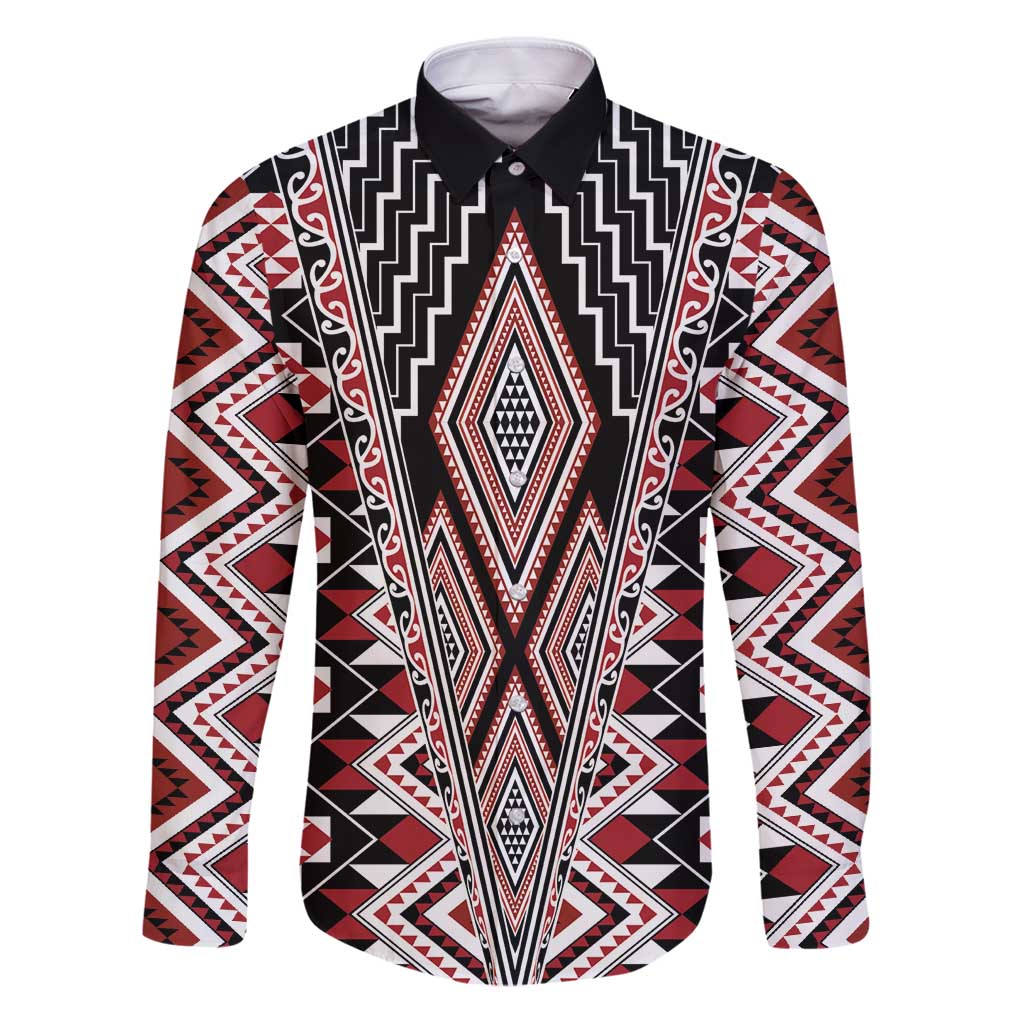 Red Aotearoa Tukutuku and Poutama Motif Family Matching Puletasi and Hawaiian Shirt LT03 Dad's Shirt - Long Sleeve Red - Polynesian Pride