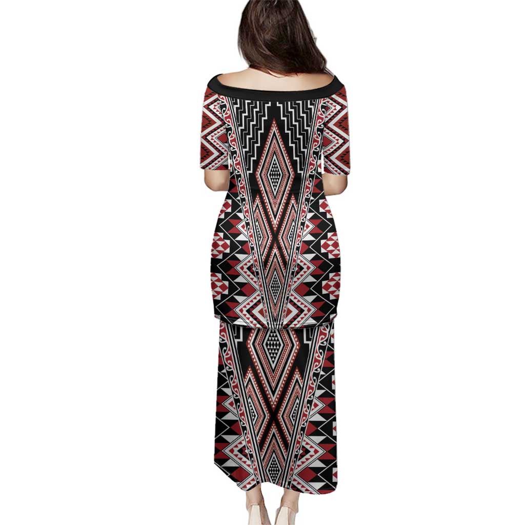 Red Aotearoa Tukutuku and Poutama Motif Family Matching Puletasi and Hawaiian Shirt LT03 - Polynesian Pride