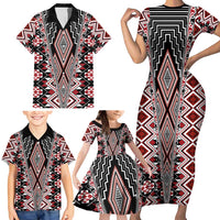 Red Aotearoa Tukutuku and Poutama Motif Family Matching Short Sleeve Bodycon Dress and Hawaiian Shirt LT03 - Polynesian Pride