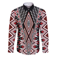 Red Aotearoa Tukutuku and Poutama Motif Family Matching Short Sleeve Bodycon Dress and Hawaiian Shirt LT03 Dad's Shirt - Long Sleeve Red - Polynesian Pride