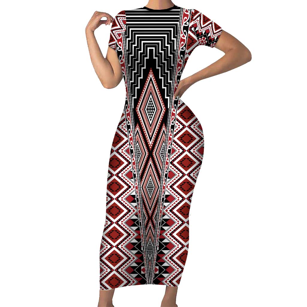 Red Aotearoa Tukutuku and Poutama Motif Family Matching Short Sleeve Bodycon Dress and Hawaiian Shirt LT03 Mom's Dress Red - Polynesian Pride