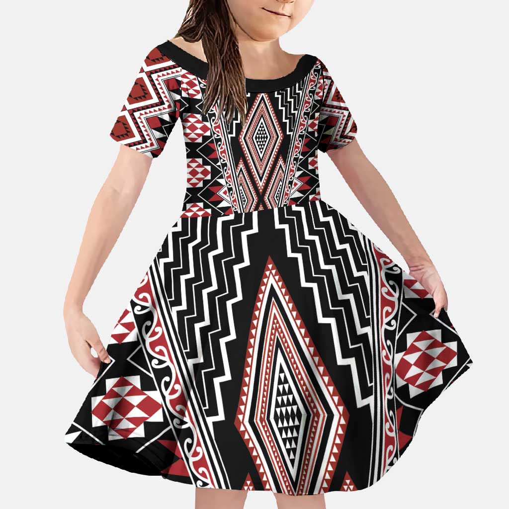 Red Aotearoa Tukutuku and Poutama Motif Family Matching Summer Maxi Dress and Hawaiian Shirt LT03 Daughter's Dress Red - Polynesian Pride