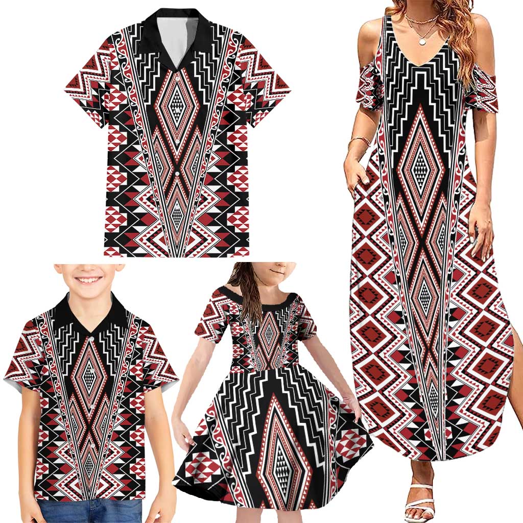 Red Aotearoa Tukutuku and Poutama Motif Family Matching Summer Maxi Dress and Hawaiian Shirt LT03 - Polynesian Pride