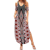Red Aotearoa Tukutuku and Poutama Motif Family Matching Summer Maxi Dress and Hawaiian Shirt LT03 Mom's Dress Red - Polynesian Pride
