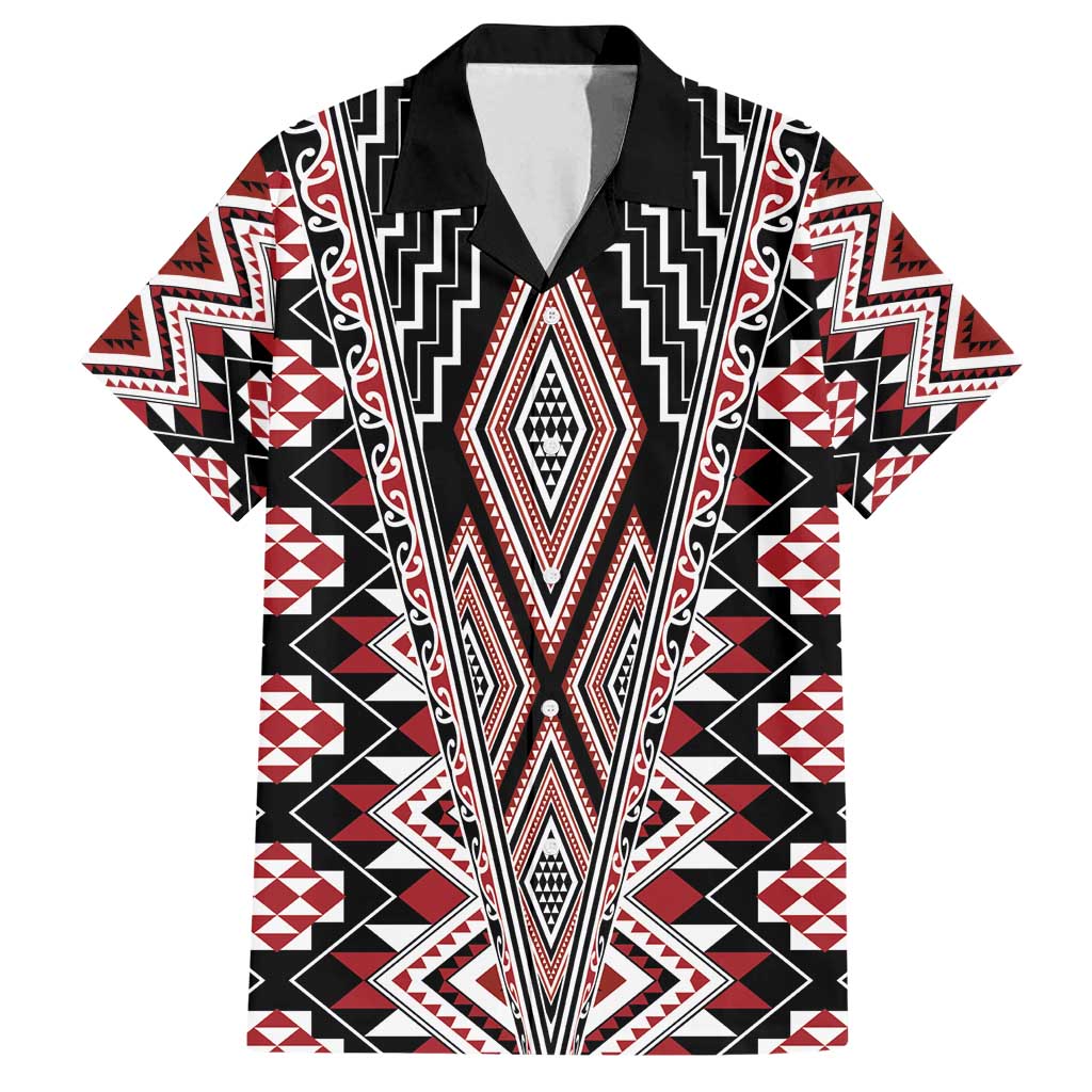 Red Aotearoa Tukutuku and Poutama Motif Family Matching Tank Maxi Dress and Hawaiian Shirt LT03 Dad's Shirt - Short Sleeve Red - Polynesian Pride