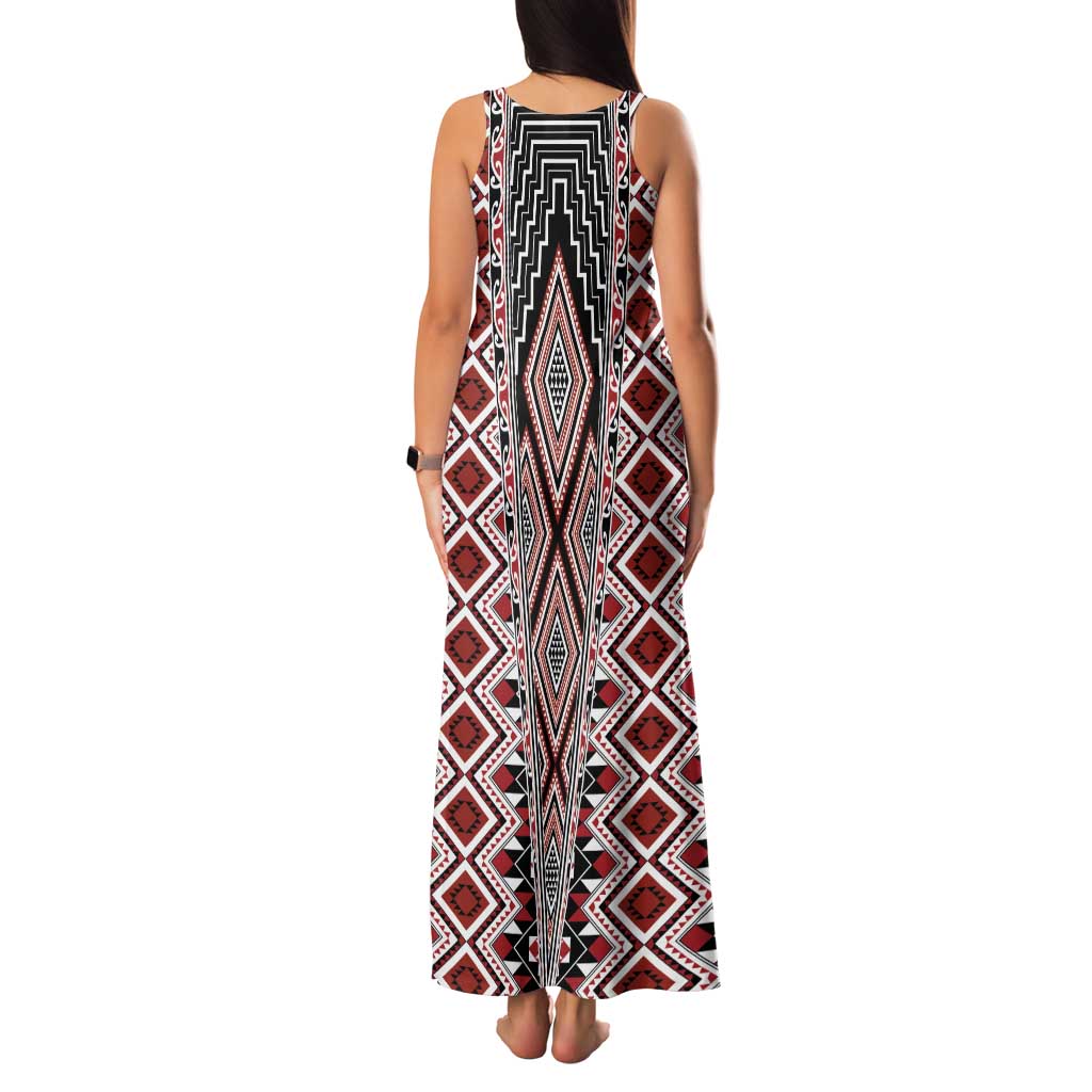 Red Aotearoa Tukutuku and Poutama Motif Family Matching Tank Maxi Dress and Hawaiian Shirt LT03 - Polynesian Pride