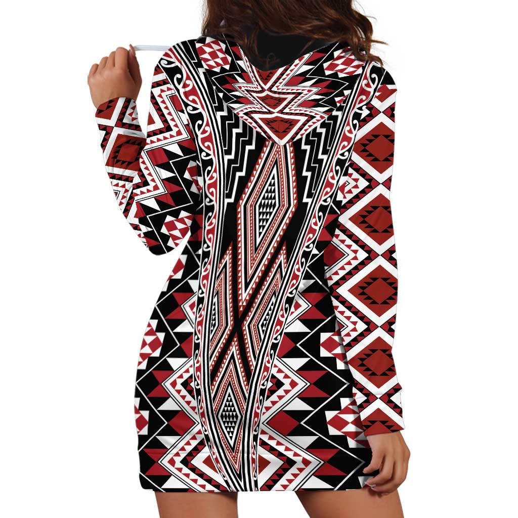 Red Aotearoa Tukutuku and Poutama Motif Hoodie Dress
