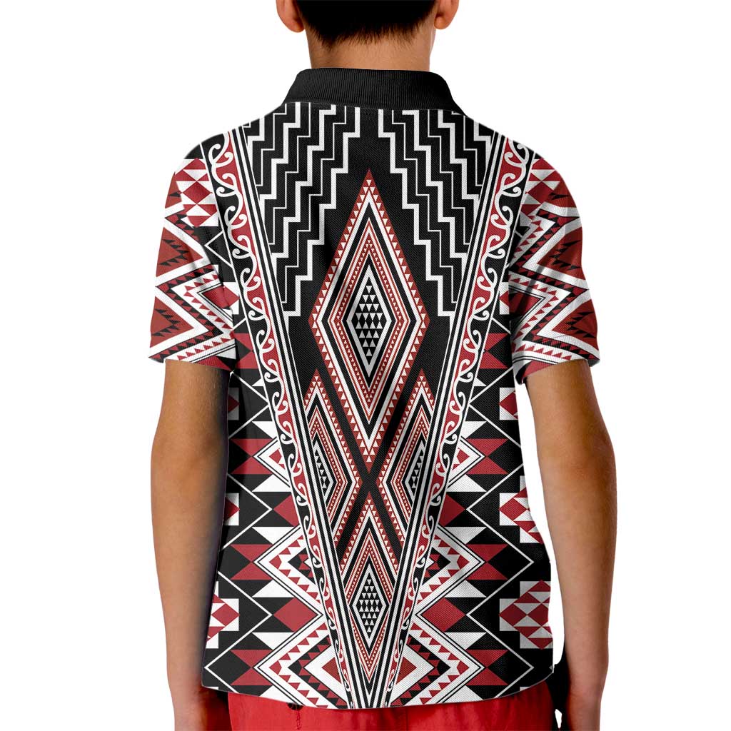 Red Aotearoa Tukutuku and Poutama Motif Kid Polo Shirt