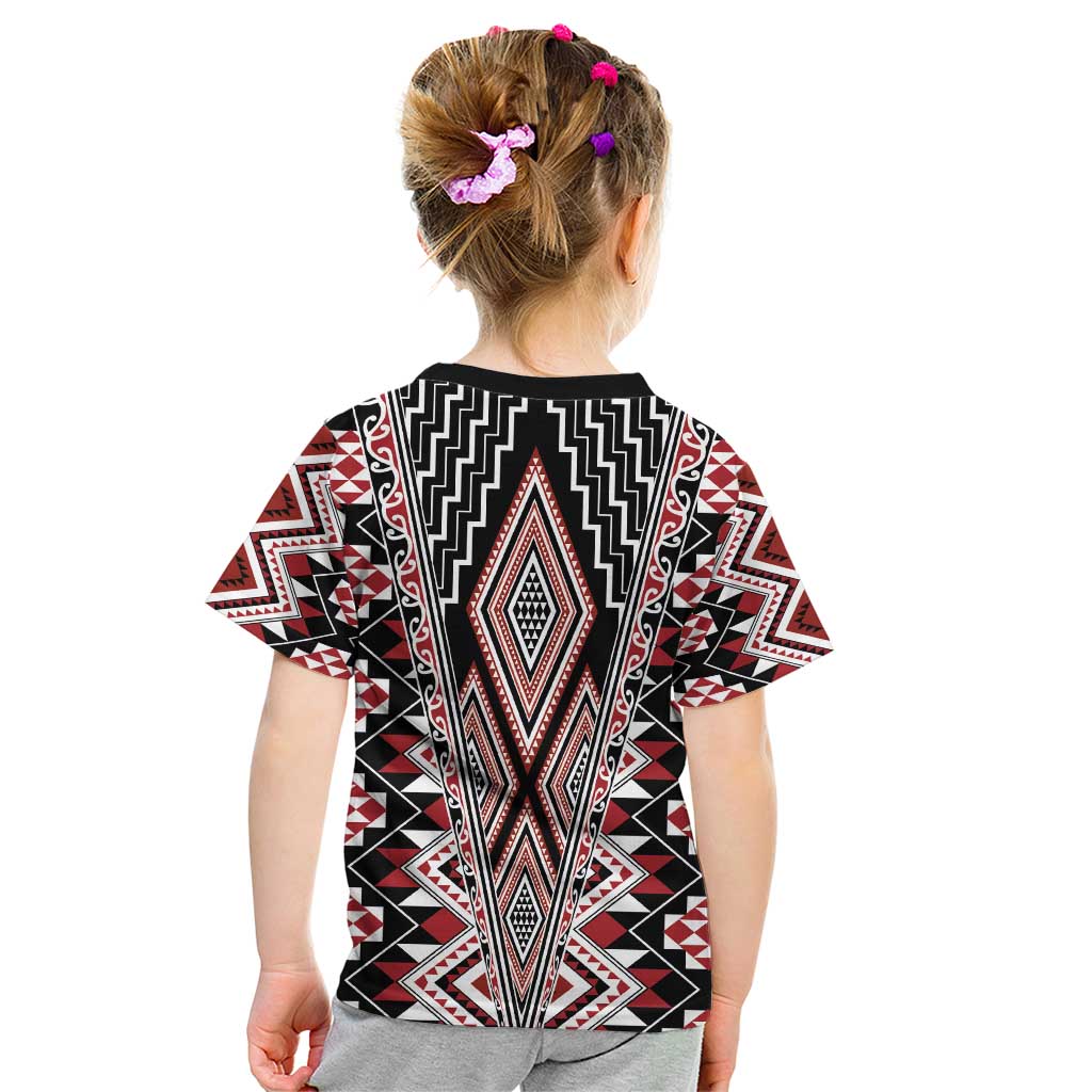 Red Aotearoa Tukutuku and Poutama Motif Kid T Shirt