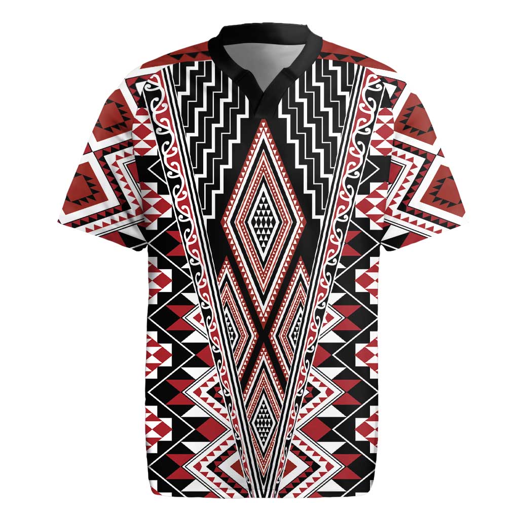 Red Aotearoa Tukutuku and Poutama Motif Rugby Jersey LT03 Red - Polynesian Pride