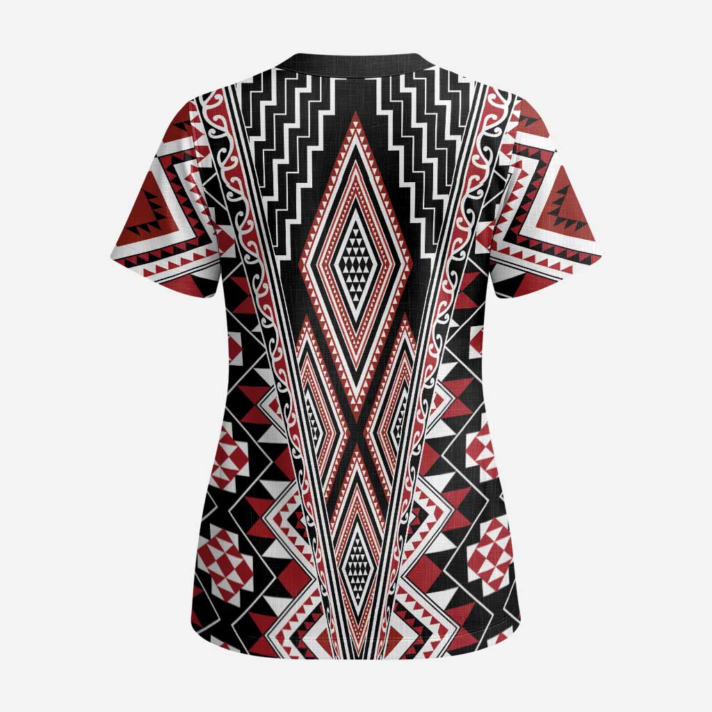 Red Aotearoa Tukutuku and Poutama Motif Scrub Top - Polynesian Pride