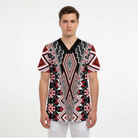 Red Aotearoa Tukutuku and Poutama Motif Scrub Top - Polynesian Pride